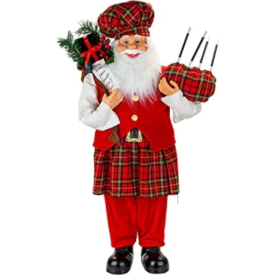 Image of VFM Scottish 90cm Father Christmas Traditional Figure Xmas Decoration Luxury Realistic Standing Santa Claus Ornament With Nordic Festive Red Tartan Suit