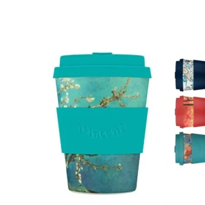 Image of Ecoffee Cup 12oz 350ml Van Gogh Collection Reusable Eco Friendly 100% Plant Based Coffee with Silicone Lid &amp; Sleeve Melamine Free Dishwasher/Microwave Safe Travel Mug, Almond Blossom
