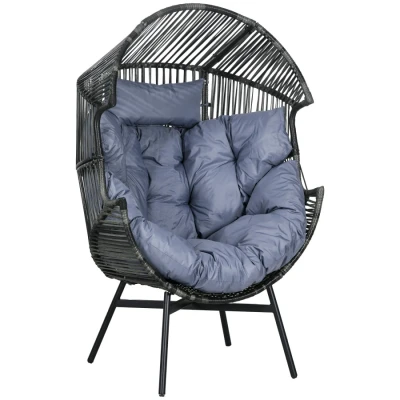Image of Outsunny PE Rattan Leisure Chair with 14cm Thick Seat Cushion, Steel Frame Garden Egg Comfortable Headrest, Adjustable Feet, Mixed Grey