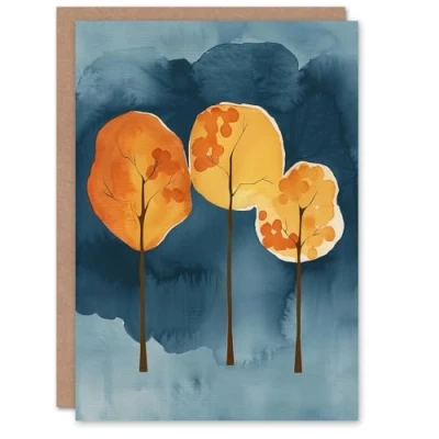 Image of Artery8 Greeting Card Abstract Autumn Trees Orange Blue Watercolour Blank For Him Or Her Art Birthday