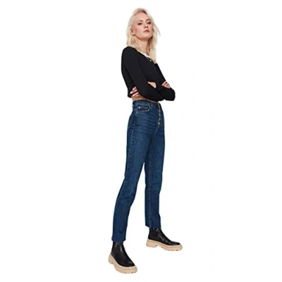 Image of Trendyol Women High Waist Straight Leg Regular fit Jeans Dark Blue