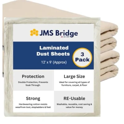 Image of 3 x Cotton Dust Sheets for Decorating, Painting, Furniture Laminated Sheet with Backed Plastic Polythene Sheeting 12ft 9ft Paint Cover Drop Cloth (3xLT129)