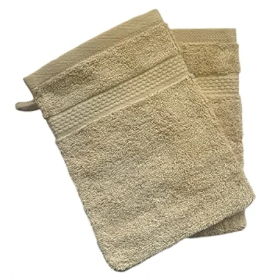 Image of Sue Rossi Face Cloth Wash Mitt Set, 100% Organic Turkish Combed Cotton, 600GSM Thick With Hanging Loop, Size 16cm x 21cm, Flannel Glove Pack Soft &amp; Absorbent (Camel, 2)