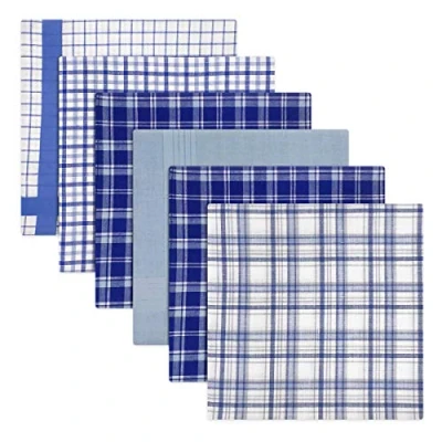 Image of Warwick &amp; Vance Pack Of 6 Mens/Gentlemens Check Dyed Handkerchiefs, Blue With Satin Stripe Borders, 100% Cotton, 40 x 40cm