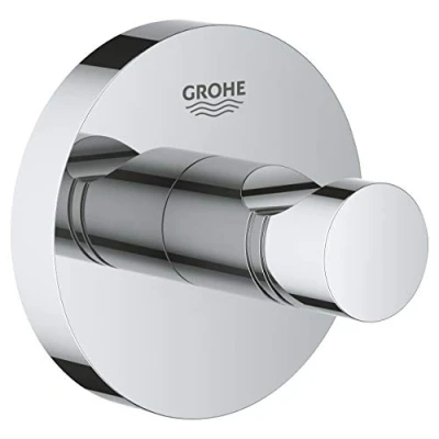 Image of GROHE Essentials Robe Hook Bathroom Wall Mounted Shower Towel Hanger (Metal, Concealed Fastening, Including Screws and Dowels, Durable Sparkling Sheen), Chrome, 40364001