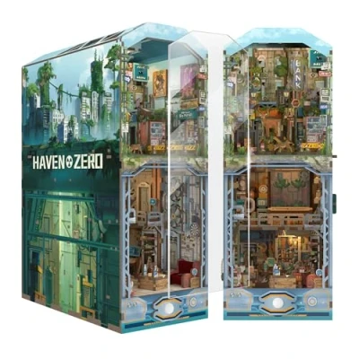 Image of Tonecheer Haven Zero Book Nook Kits 3D Wooden Puzzle for Adults, DIY Miniature House with Dust Cover Booknook Model Bookshelf Insert Decor LED Lights Unique Birthday Gifts