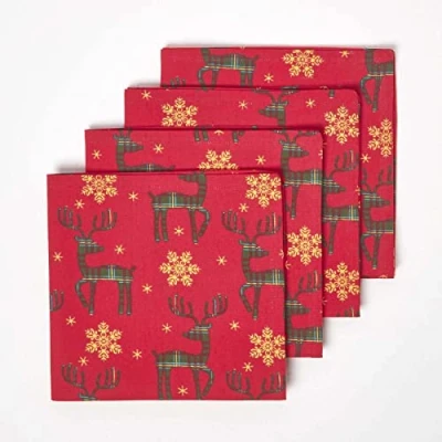 Image of HOMESCAPES Set of 4 Red Napkins Reindeer Pattern 45 x cm 100% Cotton Christmas “Red Xmas Napkin