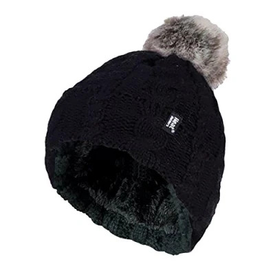 Image of HEAT HOLDERS Ladies Warm Knit Fleece Lined Cuffed Thermal Winter Bobble Hat with Pom (One Size, Black)