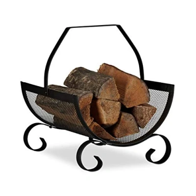 Image of Relaxdays Firewood Basket, Large Fireplace Wood Cradle, Metal Log Holder, H x W D 40 33 38 cm, Black