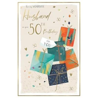 Image of Husband 50th Birthday Card Age 50 Wonderful Special Finishes Artistic Modern Design Illustrated Insert Leaf Made in the UK