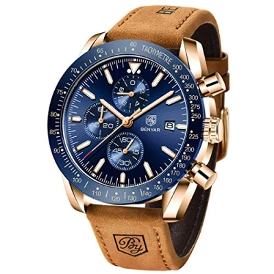 Image of BENYAR Men&#039;s Business Analog Chronograph Quartz Watch 30M Waterproof Luminous Date Display Fashion Casual Sports Multi Dunctional Leather Watch(Gold Blue