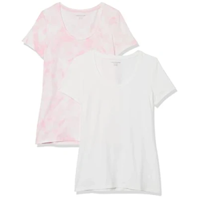 Image of Amazon Essentials Women&#039;s Classic Fit Short Sleeve Scoop Neck T Shirt (Available in Plus Size), Pack of 2, Pink Tie Dye/White, S