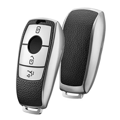 Image of OATSBASF Car Key Case Suitable for Mercedes Benz, Cover E Class 2017, S 2018, TPU Silicone Leather Texture Protective (Silver Leather)