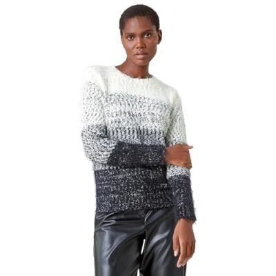 Image of Roman Originals Fluffy Yarn Jumper for Women UK Ladies Thick Sweater Warm Cosy Chunky Knitted Pullover Winter Furry Casual Smart Textured Everyday Cuddly Comfy Soft Knitwear Grey Size 14