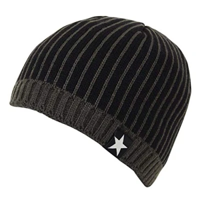 Image of Itzu Star Striped Chunky Rib Knit .Fleece Lined Beanie Cap Hat in Charcoal/Black