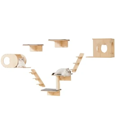 Image of VEVOR Wall Mounted Cat Shelves, Shelves and Perches with Jumping Boards, Beds, Hammocks &amp; Tree, Furniture up to 40 lbs for Sleeping, Playing, Climbing, Set of 7