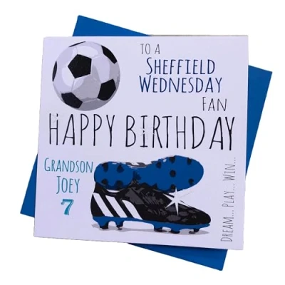 Image of WHITE COTTON CARDS PERSONALISED Sheffield Wednesday Owls FC Football Club Fan Birthday Card (36 PER)
