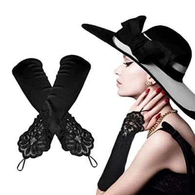 Image of TSHAOUN black Opera Gloves Long Glove 1920s Accessories Lace Gloves,Long Elbow Fingerless Satin Wedding Bridal Evening Dancing Party for Women (Black)