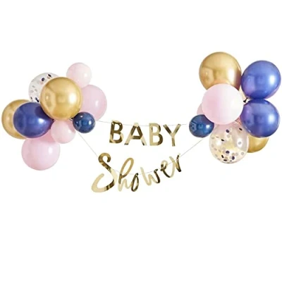 Image of Ginger Ray Gold Baby Shower Banner and Balloon Decoration Gender Reveal