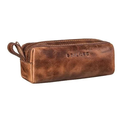 Image of STILORD &#039;Linus&#039; Pencil Case Leather Pen Pouch Office University College Women Men Stationary Vintage Leather, Colour:Napoli Brown