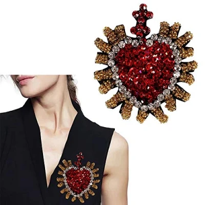 Image of Handmade Beaded Rhinestone Heart Patches Sew on Red Sequin Badge 2pieces