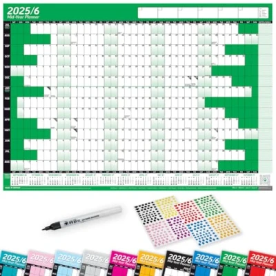 Image of 2025/26 Mid Year LAMINATED Academic Yearly Annual Office Home Wall Planner Calendar Chart With Pen And Stickers GREEN A1+ 62cm x 88cm (ROLLED)