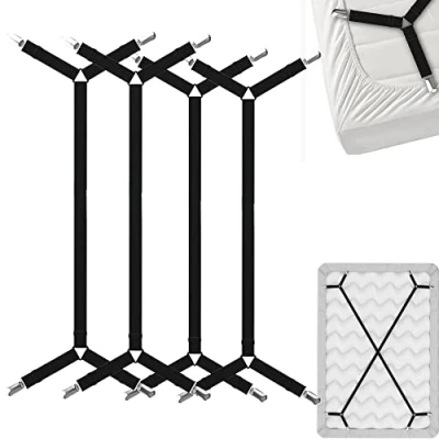 Image of FeelAtHome Bed Sheet Holder Straps Criss Cross Sheets Stays Suspenders Keeping Fitted Or Flat Bedsheet in Place for Twin Queen King Mattress Holders Elastic Clips Grippers Fasteners (4pcs, Black)