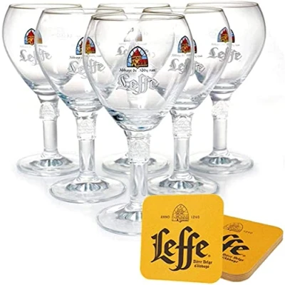 Image of Leffe Beer Glass 0.25 L [Set of 6] with 6 Original Coasters (Beer Mats) Glasses for Catering and Collection 25 cl Dishwasher Safe
