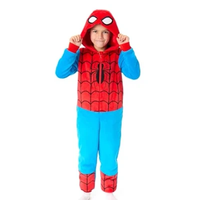 Image of Marvel Spiderman Kids Onesie Childrens Character Graphic Print Hooded Sleepsuit in Blue Superhero Suit Pajama Nightwear for Boys &amp; Girls Comics Movie Merchandise Gift