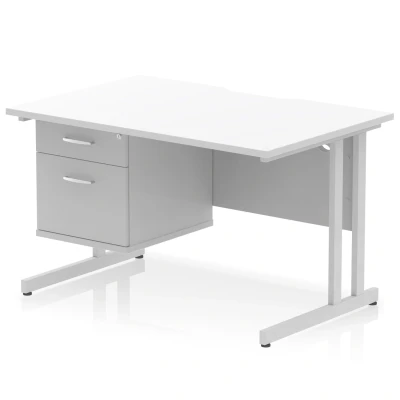 Image of Impulse 1200 x 800mm Scalloped Edge Straight Office Desk White Top Silver Cantilever Leg Workstation 1 2 Drawer Fixed Pedestal
