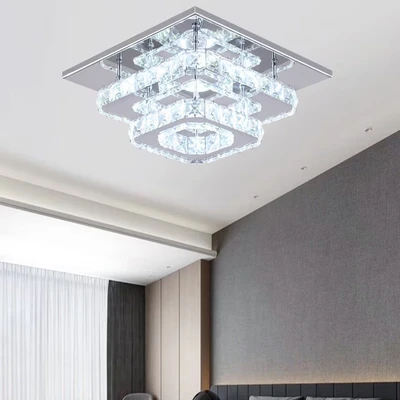 Image of Living and Home Square 2 Tier Crystal led Semi Flush Ceiling Light with Chrome c