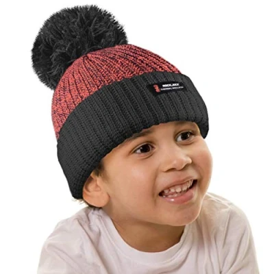 Image of RockJock R40 Kids Thermal Winter Woolly Pompom Bobble Beanie HAT BLK/ORAN