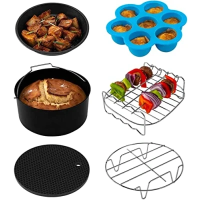 Image of COSORI Air Fryer Accessories Set, Fit All of Brands 3.5 L, Pack 6 Including Cake Pan/Pizza Pan/Metal Holder/Multi Purpose Rack with Skewers/Silicone Mat/Egg Bites Mold Lid