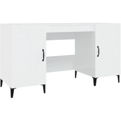Image of vidaXL Engineered Wood Desk in High Gloss White with Storage Compartments and Iron Feet Elegant Study Table for Dorm, Bedroom Home Office