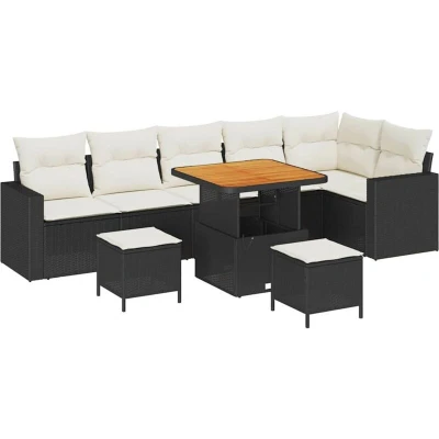 Image of vidaXL 9 Piece Garden Sofa Set with Cushions Black Poly Rattan Acacia