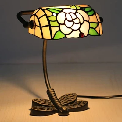 Image of Uziqueif Tiffany Style Bankers Lamp, Stained Glass Retro Classic desk peony