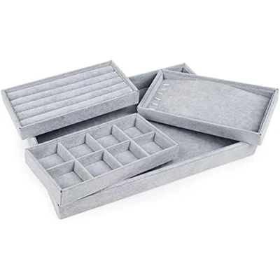 Image of Oirlv 4 in 1 Velvet Jewellery Tray Stackable Drawer Organiser TrayJewellery Display for Earrings Rings Necklace Pendants and