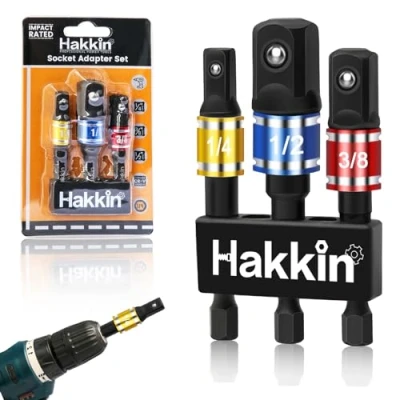 Image of Hakkin 3PCS Impact Grade Socket Adapter/Extension Set Turns Power Drill Into High Speed Nut Driver Torque Wrench. 1/4&quot;, 3/8&quot;, and 1/2&quot; Drive