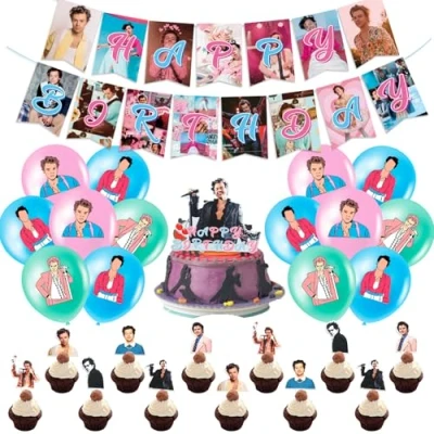 Image of 32PCS Harry Theme Birthday Decorations, Popular Singer Party Decorations With Banner Latex Balloons Cake Topper Cupcake Toppers, Music Star Supplies for Fans Girls And Boys