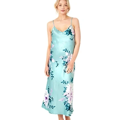 Image of Indigo Sky Samsara Long Satin Chemise Nightdress, Floral Bloom, 8 10