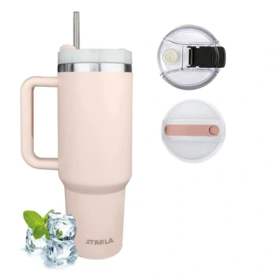 Image of STARLA Thermal Mug with Straw and Handle, 1.2 L, Large, 2 Lids, Leak Proof, Stainless Steel Insulated Mug, Coffee To Go Water Cup, Drinks Travel Drinking Cup Handle (Rose Quartz)