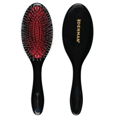 Image of Denman Cushion Hair Brush (Medium) with Soft Nylon Quill Boar Bristles Detangle and shine, adds gloss shine to the hair, gently smooths detangles curls fly aways Black, D81M