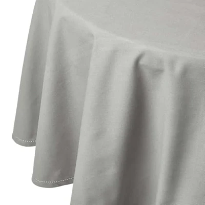 Image of HOMESCAPES Grey Cotton Round Tablecloth 6 to 8 seater Large Circular 178 cm (70 Inches) Washable Hand Woven 100% Plain with Decorative Ladder Stitch Edge