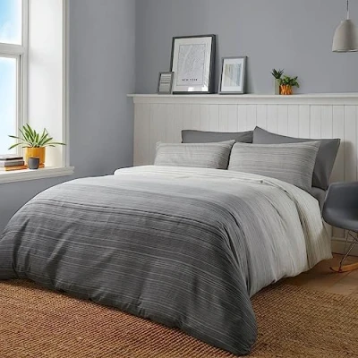 Image of Fusion Contemporary Grey Duvet Cover King Bedding Size (230 x 220cm) Reversible Design Ombre Light Charcoal Stripe Lines