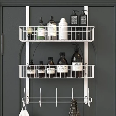 Image of Aimeaihe Over The Door Hooks, Hanger Towel Rack with 5 Coat Hooks &amp; 2 Mesh Basket, Organizer for Bathroom, Bedroom, Kitchen, Office, Easy Installation, White