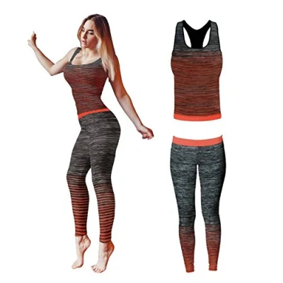 Image of FM London womens Crop Top and Leggings Stretch Fit Gym Wear Set, Orange, One Size (Manufacturer Size: 8 14)