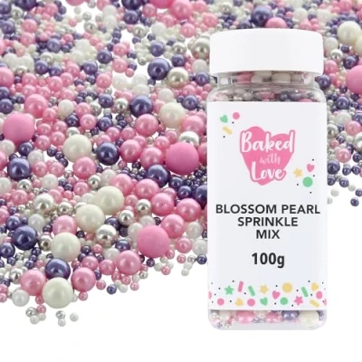 Image of Blossom Pearl Sprinkles By Baked With Love 100g Pink, Purple, Silver Sugar Cake Sprinkles, Edible Decorations, Balls For Cupcakes