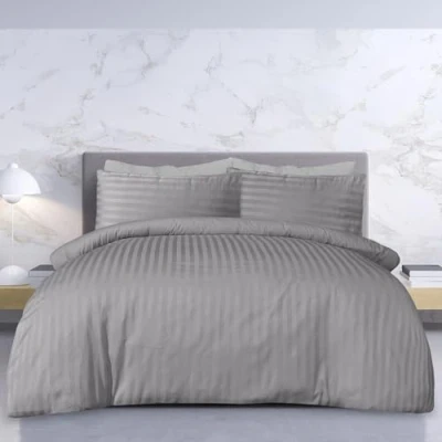 Image of Sleepdown Premium Hotel Quality Polycotton Satin Stripe Duvet Cover Set with Pillowcases Quilt Bedding Soft Easy Care Luxury Bed Linen Grey King (230cm x 220cm)