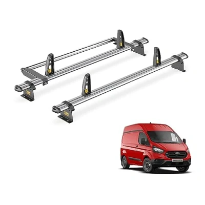 Image of Van Guard Trade Roof Rack for Ford Transit Custom (2013 2024 GEN1) 2 Steel Bars, Loadstops &amp; Rear Ladder Roller [Only Suitable High Models] UltiBar SB308 2/VGR 08