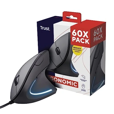 Image of Trust Verto 60 Pack 60x Wired Ergonomic Mouse, Vertical Mouse with LED Illumination, 1000 1600 DPI, 6 Buttons, for Right Hand Users, Computer PC and Laptop Black